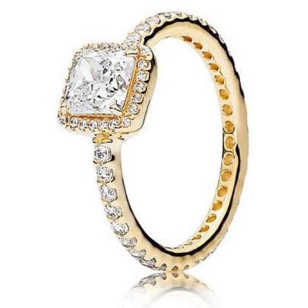 Pandora square halo ring 14k Y gold size 7, used